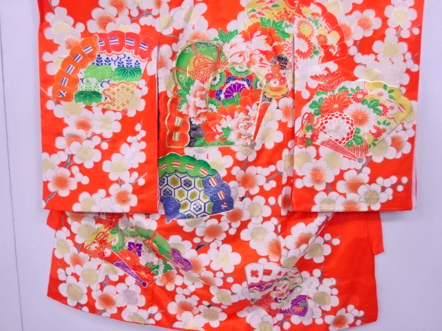 リサイクル　女児用祝い着　長襦袢付き　金駒刺繍　梅に扇文様